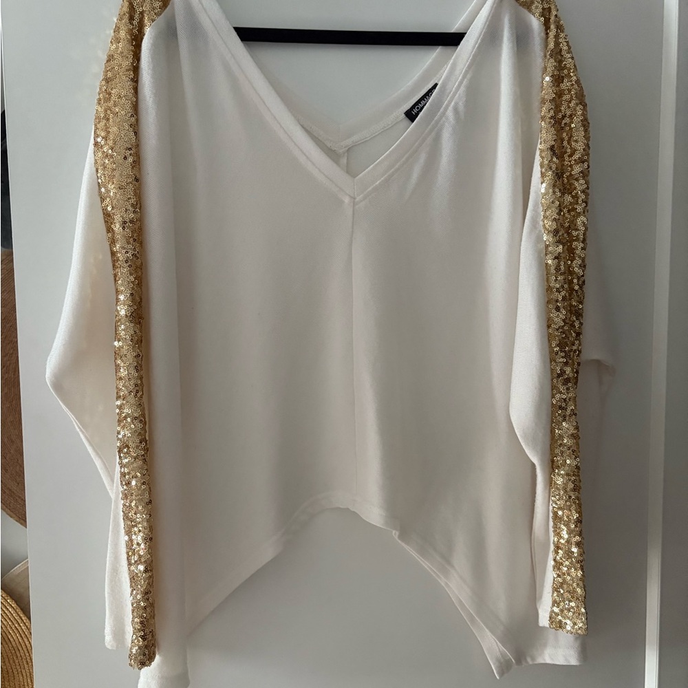 HOMAGE White Blouse with Gold Sequin Sleeves
